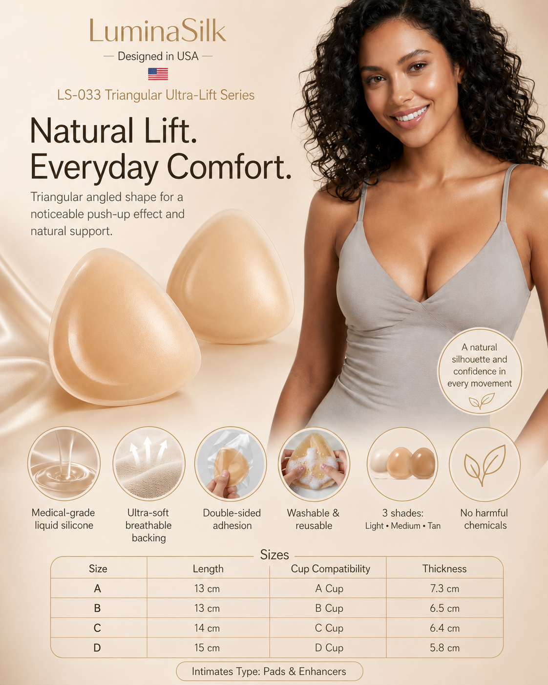LuminaSilk Dreieckige Push-Up Silikon-Brustpolster – Unsichtbare Lift-Pads für tiefes Dekolleté & natürliche Form | Größen A-D